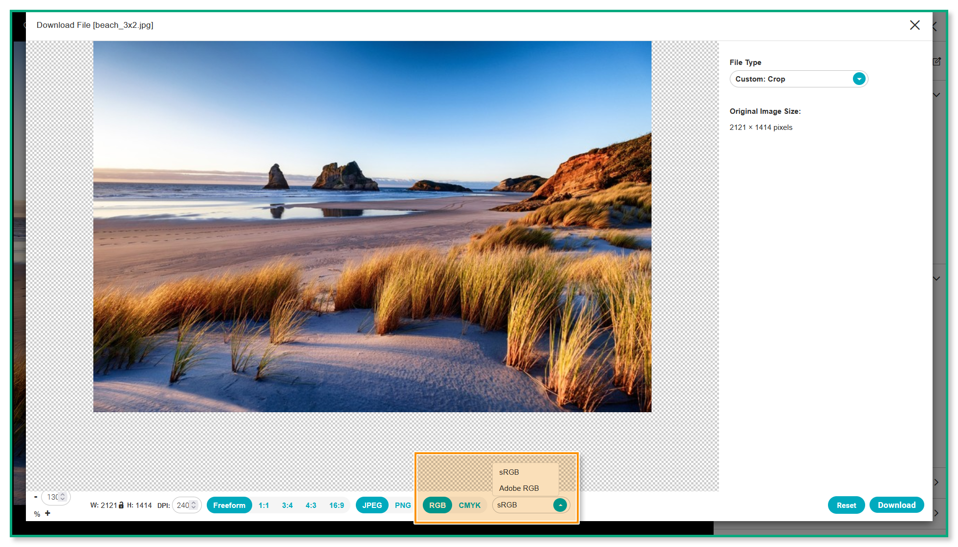 The asset download overlay – the file type is set to "Custom: Crop" and the RGB selection is highlighted.