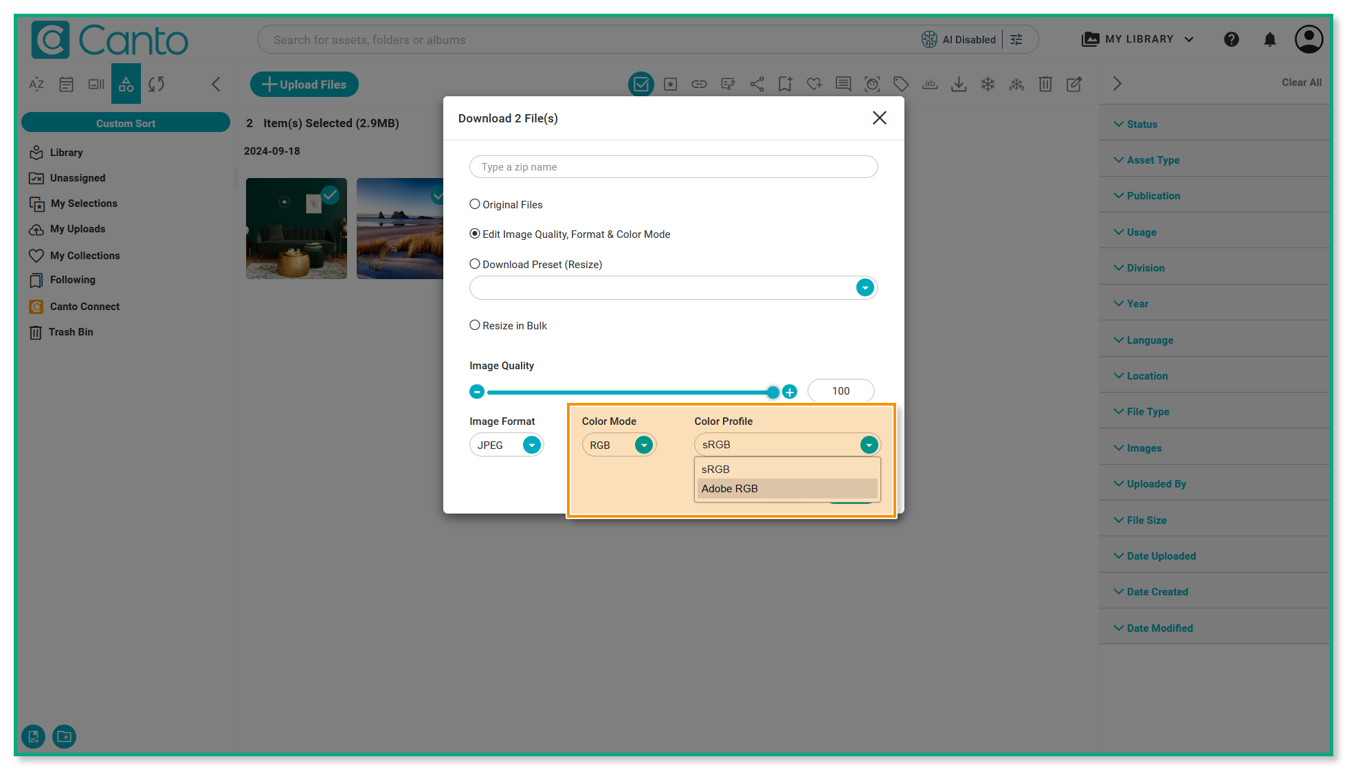 The bulk download overlay - the option "Edit Image Quality, Format & Color Mode" is selected, and the RGB selection is highlighted.