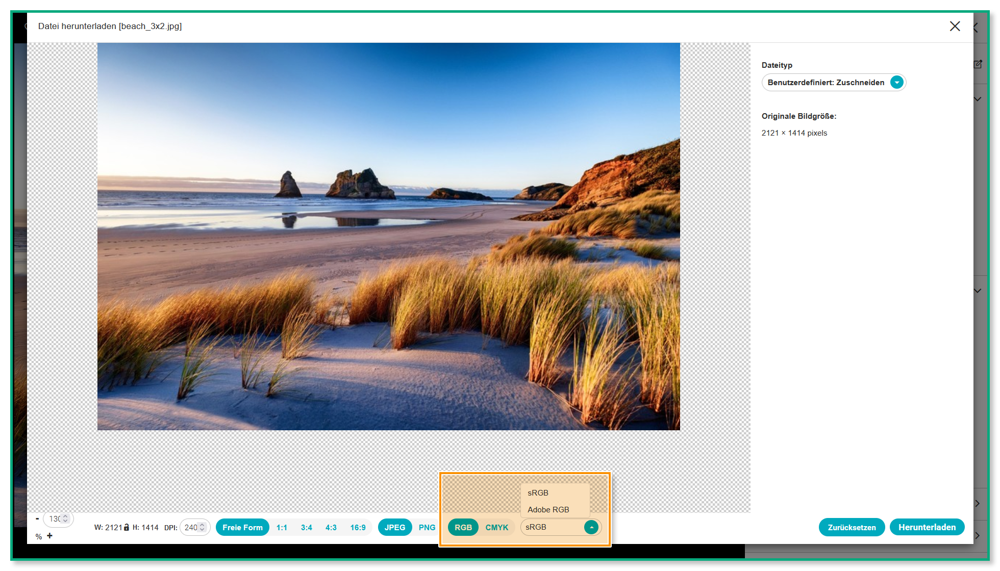 Das Asset-Download-Overlay - der Dateityp ist auf "Benutzerdefiniert: Zuschneiden" eingestellt und die RGB-Auswahl ist hervorgehoben.