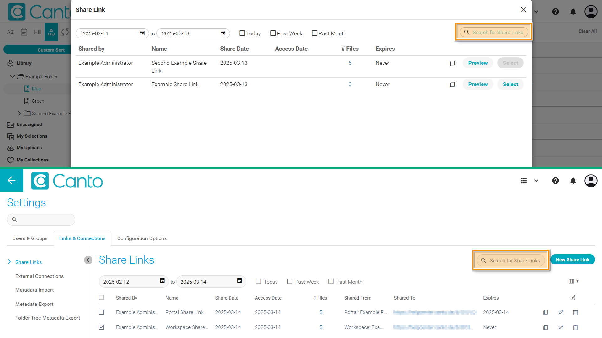 A split view of the tenant Settings and the Share Link dialog overlay - the search field is highlighted.