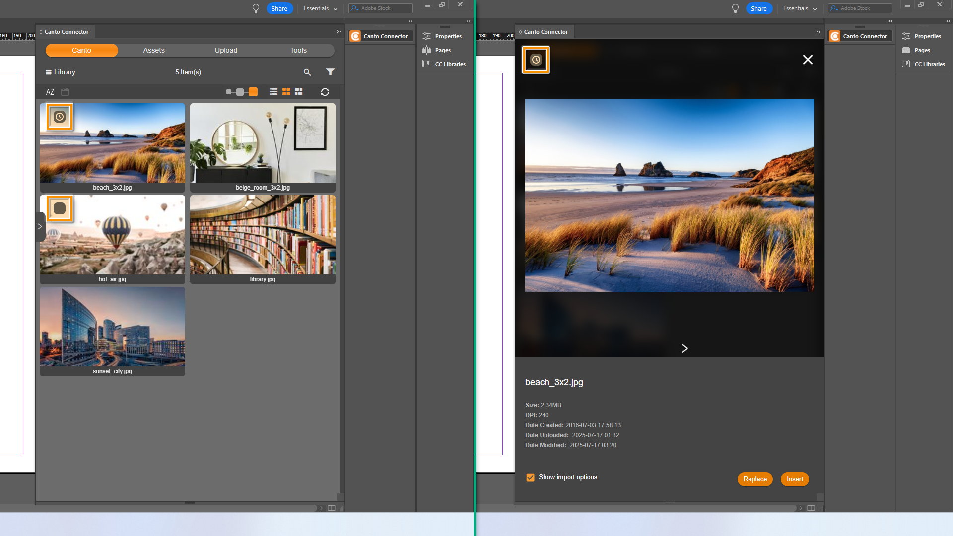 A split image, the left half shows the library, and the right an asset detail page - several instances of the approval status icons are highlighted.