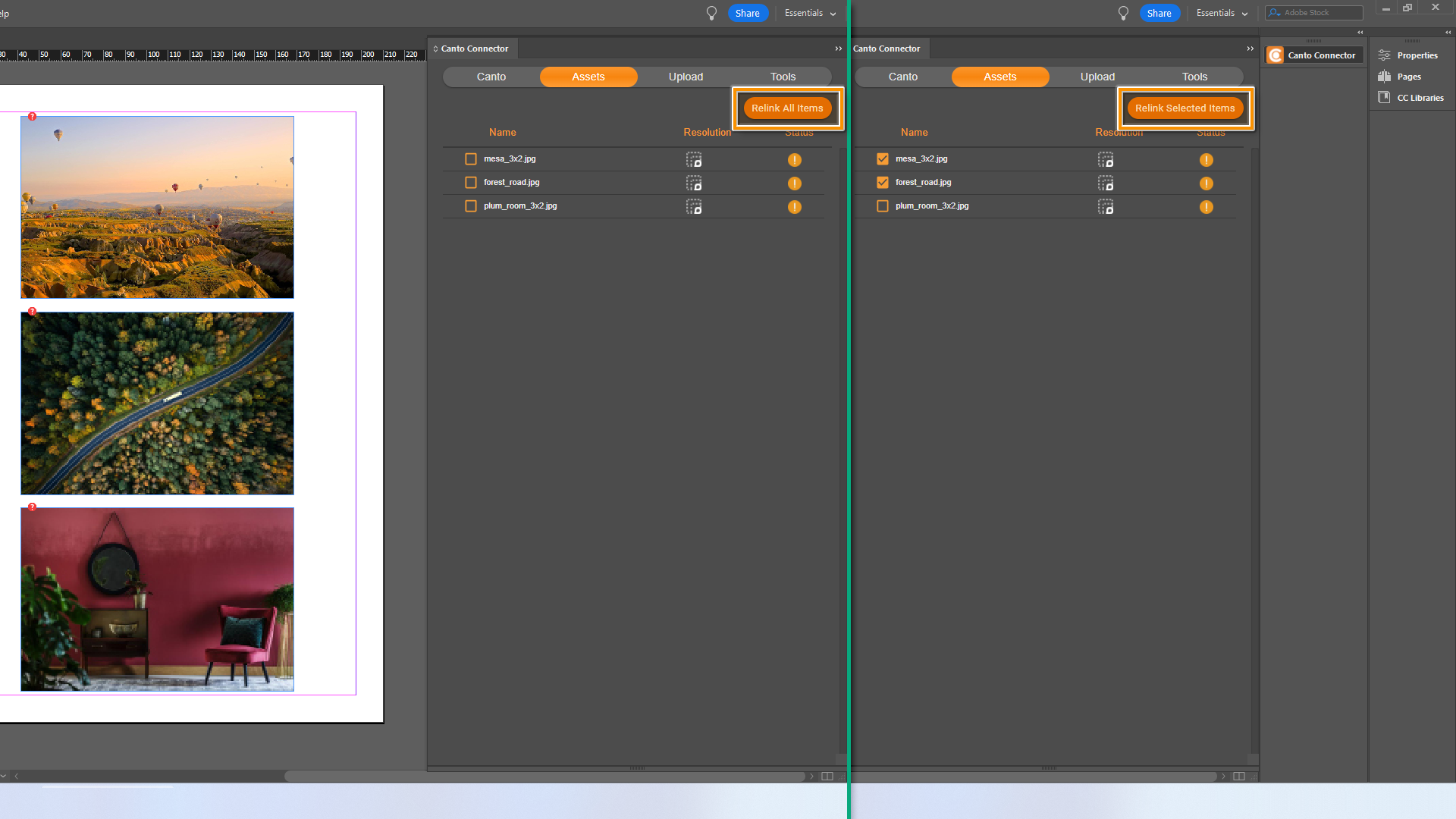 A composit image, showing the Adobe Canto Connector within Adobe InDesign. The "Assets" tab is selected - several elements are highlighted