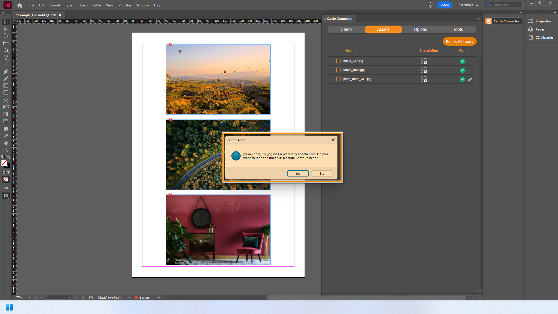 An Adobe InDesign window, the Canto Adobe Connector is visible - a dialog regarding a replaced file has been highlighted.
