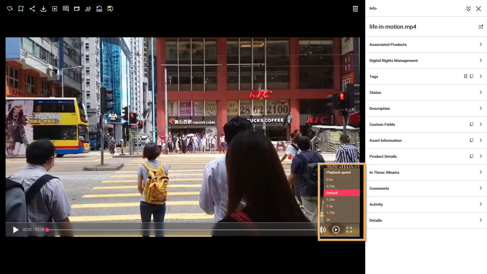 The Preview Page of a video asset - the Playback Speed menu is highlighted.