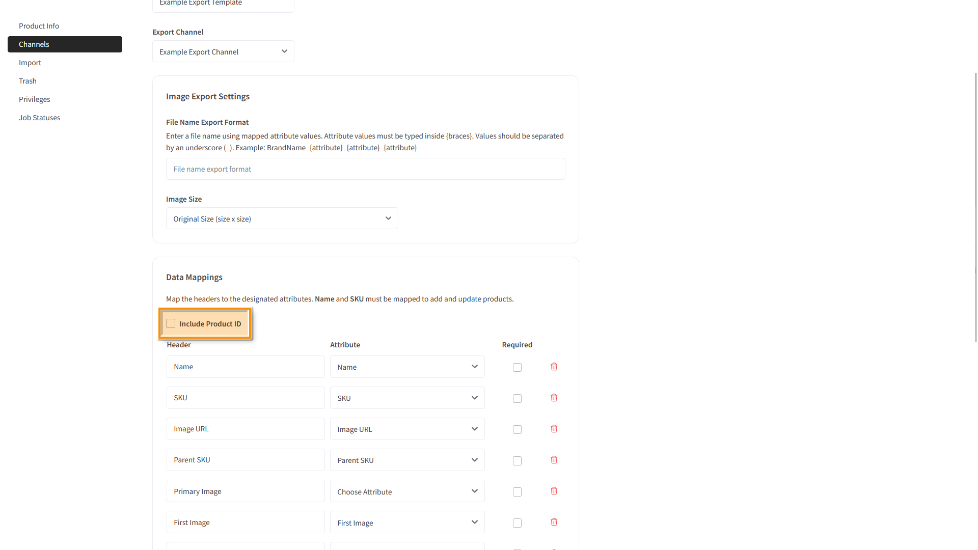 The Product Hub, the "Edit Channel Template" page is visible - the "Include Product ID" option is highlighted.